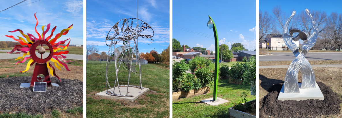Four photos of permanent sculptures around Liberty
