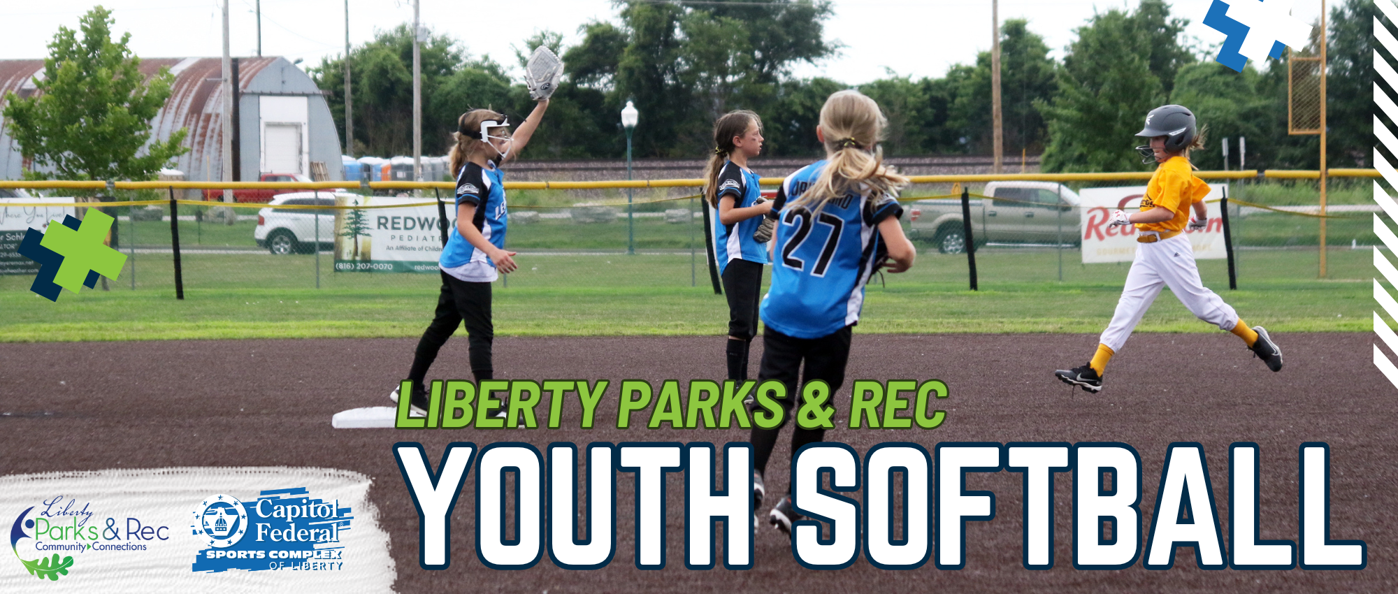 Graphic that says "Liberty Parks & Rec Softball" with a photo of kids playing Softball