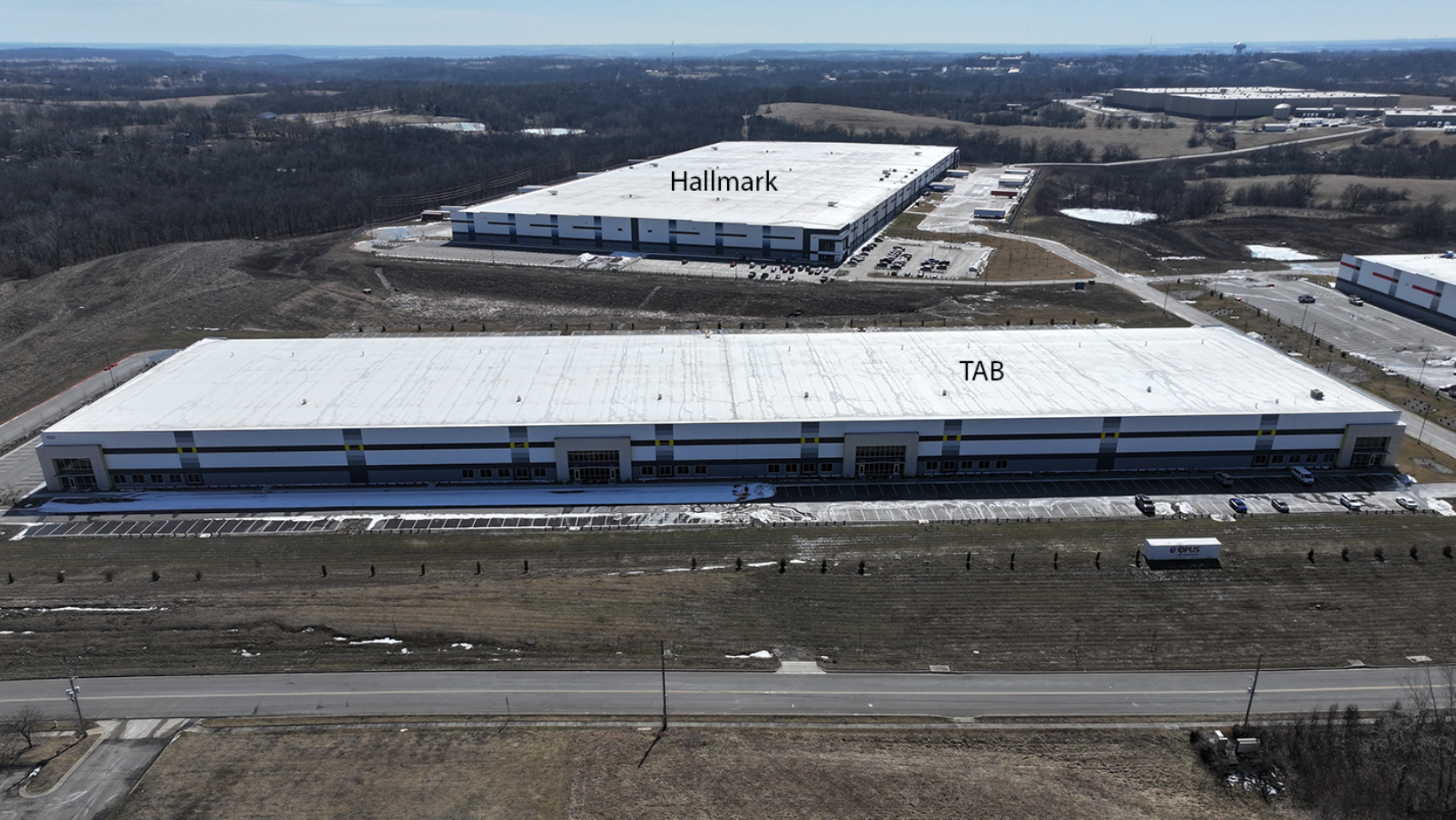 Aerial photo of the Tab and Hallmark buildings