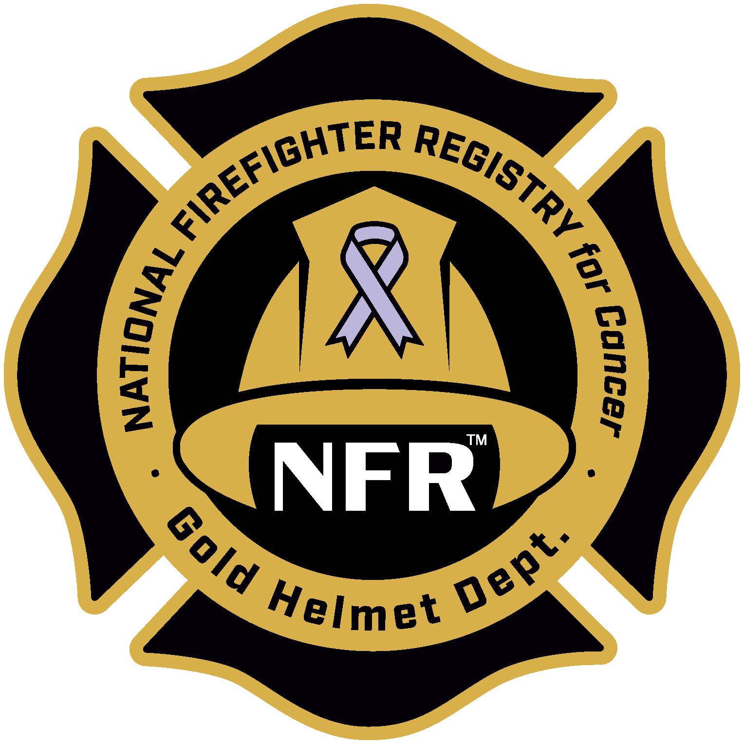 Gold Helmet Department badge that says "National Firefighter Registry for Cancer. Gold Helmet Dep