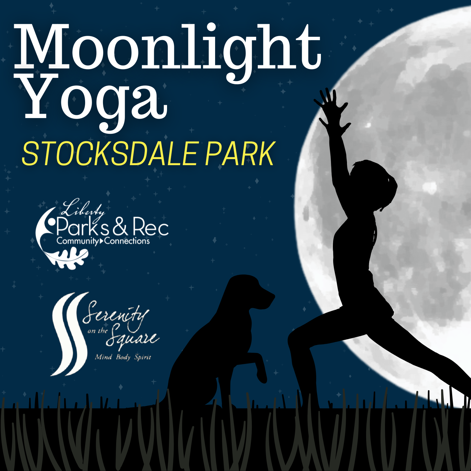 Moonlight Yoga. Woman and dog doing yoga pose in a park under the moon