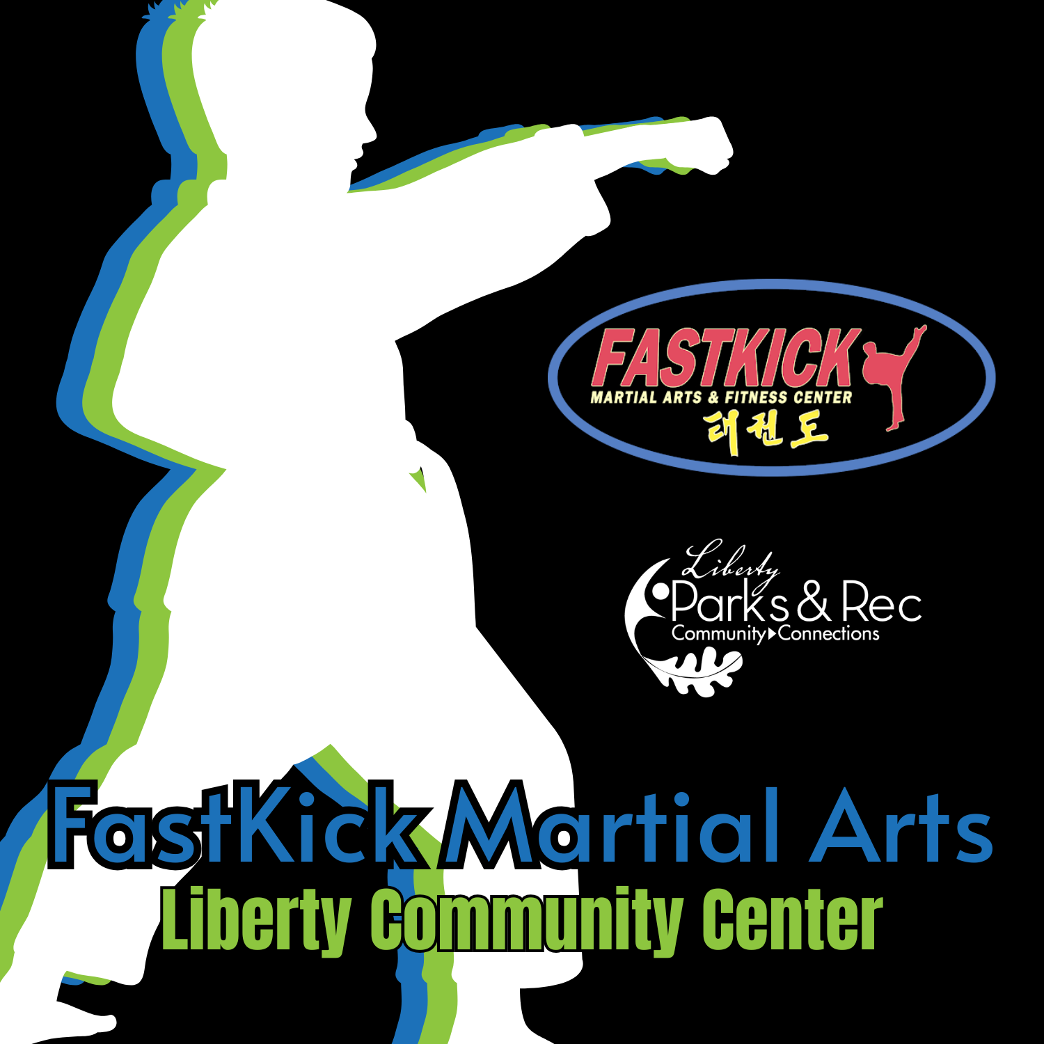 Outline of a child punching, FastKick Martial Arts, Liberty Community Center