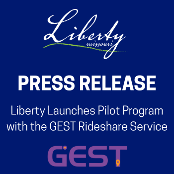 Graphic with text, "Press Release: Liberty Launches Pilot Program with the GEST Rideshare Service