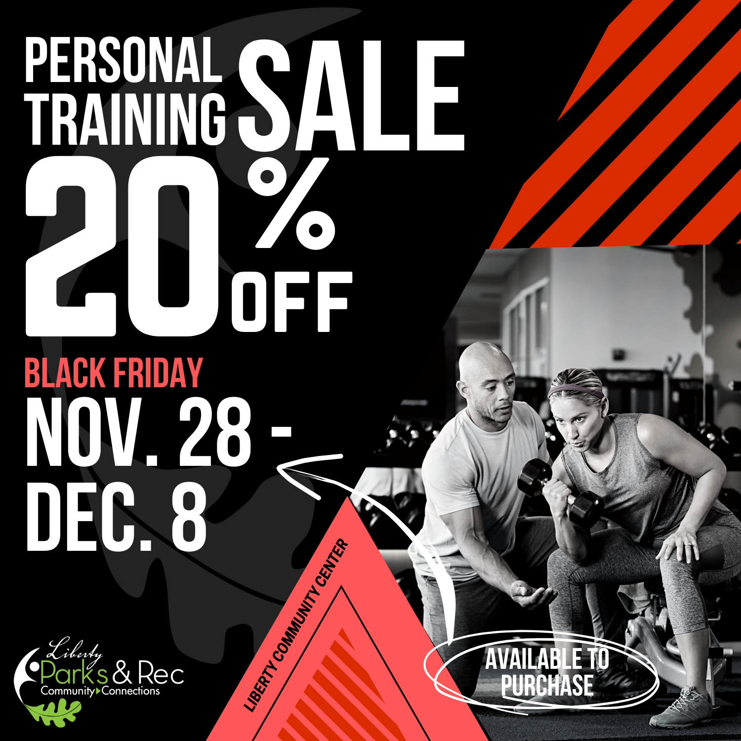 Personal Training Sale, 20% off, Black Friday. Available to purchase November 28 - Dec. 8