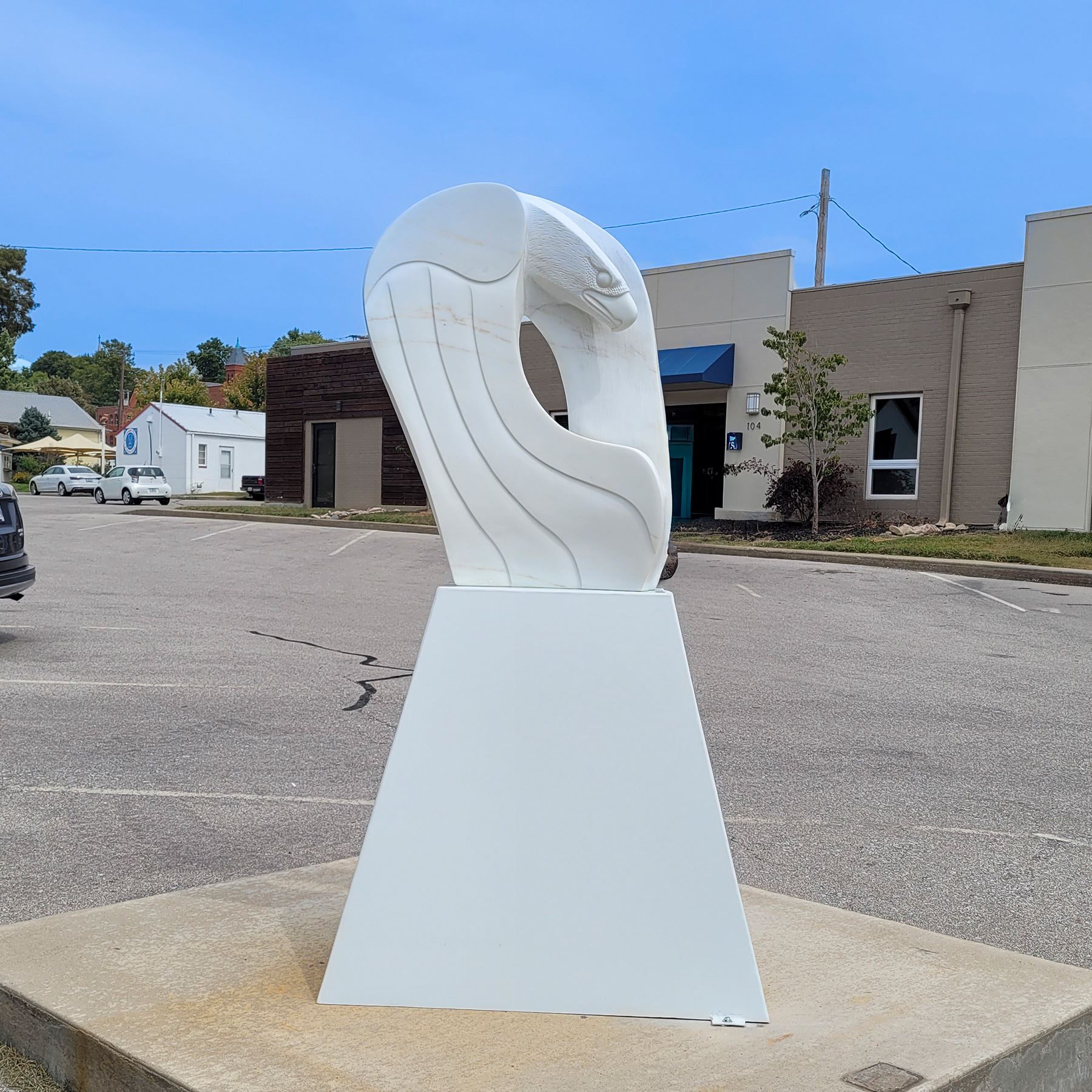 Photo of a sculpture called Flying Thru the Abstract that looks like an eagle and is made of marble
